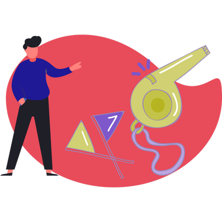 Boy pointing soccer whistle  Illustration