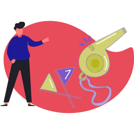 Boy pointing soccer whistle  Illustration