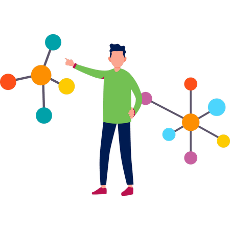 Boy pointing structure molecules  Illustration