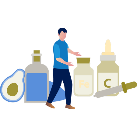 Boy pointing supplements  Illustration