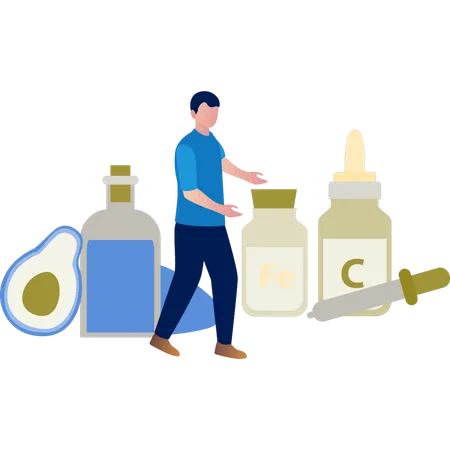 Boy pointing supplements  Illustration