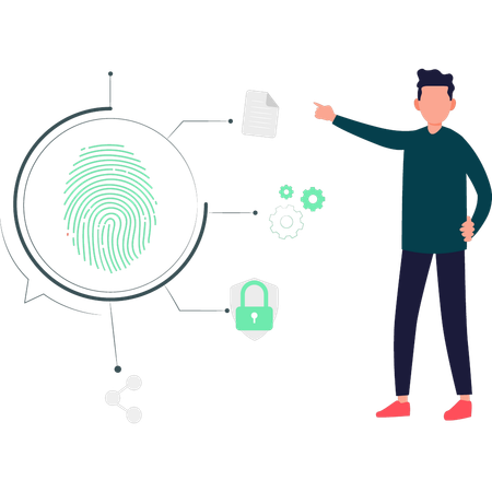 Boy pointing to biometric scanning system  Illustration