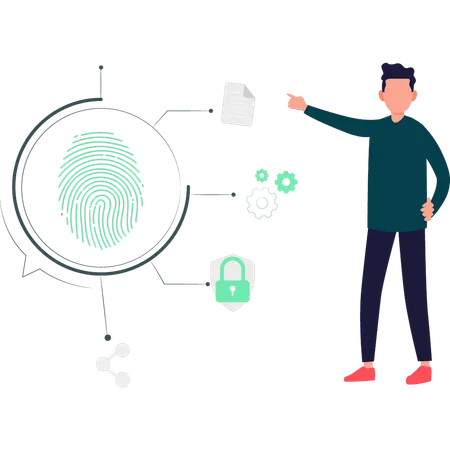 Boy pointing to biometric scanning system  Illustration