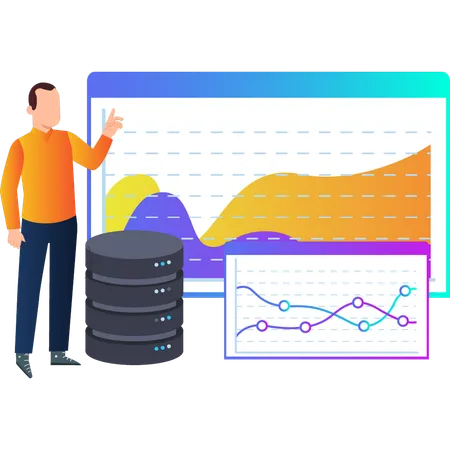 Boy Is Pointing To Business Graph On Server Illustration