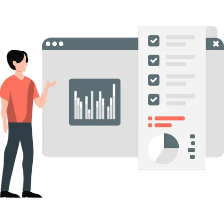 Boy pointing to checklist about graphs  Illustration