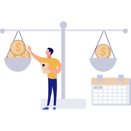 Boy pointing to coins in balance scale  Illustration