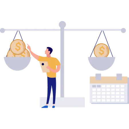 Boy pointing to coins in balance scale  Illustration