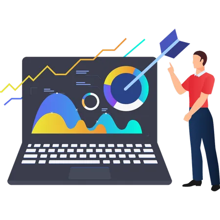 Boy pointing to different aspects of business graph  Illustration