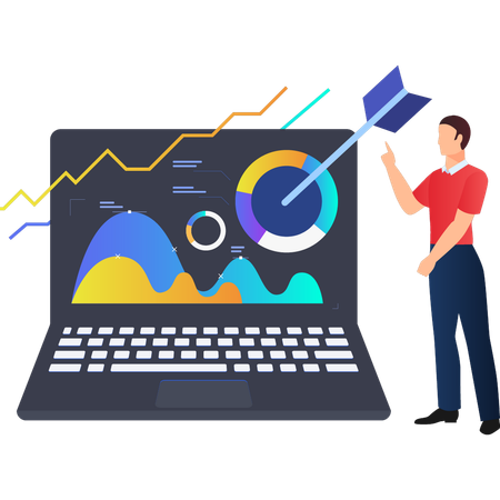 Boy pointing to different aspects of business graph  Illustration