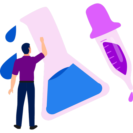 Boy pointing to flask for experiment  Illustration
