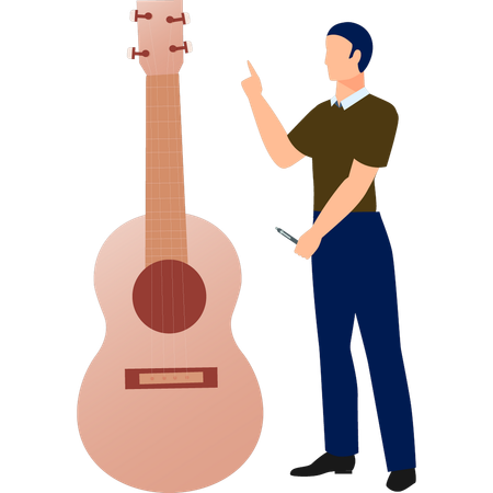 Boy pointing to guitar music  Illustration