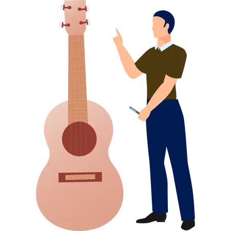 Boy pointing to guitar music  Illustration