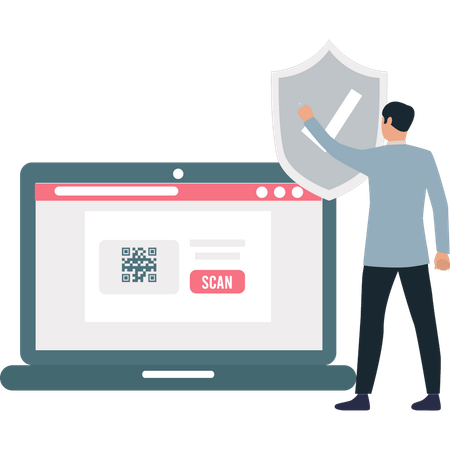 Boy pointing to scan QR code on laptop  Illustration