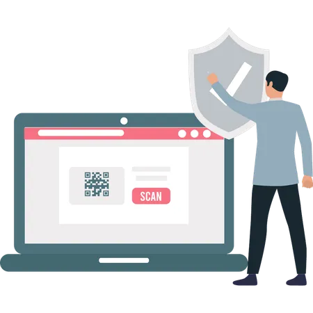Boy pointing to scan QR code on laptop  Illustration