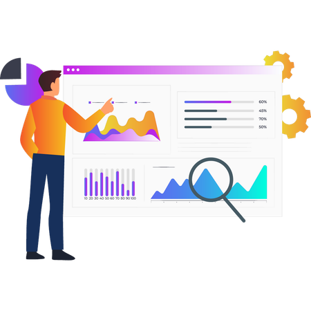 Boy pointing to statistical graph on web page  Illustration