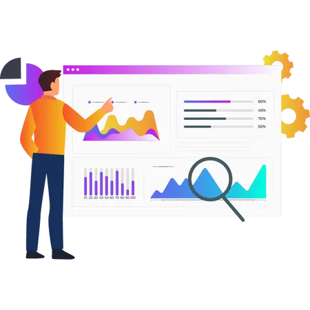 Boy pointing to statistical graph on web page  Illustration