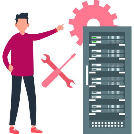 A Guy Pointing To The Database Server Settings Illustration
