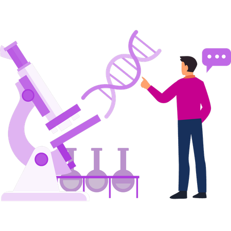 Boy pointing to the structure of DNA  Illustration