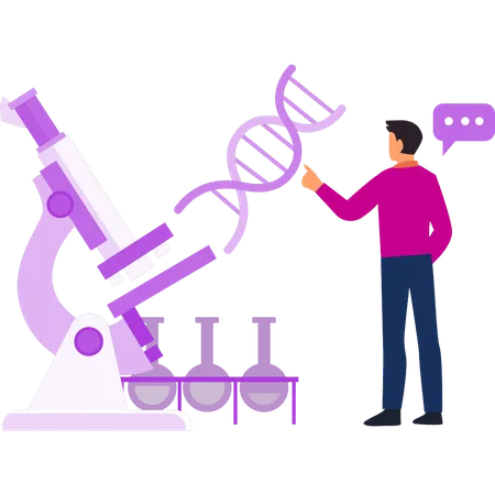 A Boy Pointing To The Structure Of DNA Illustration