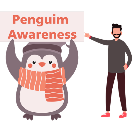 Boy pointing towards penguin awareness board  Illustration