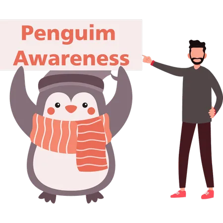 Boy pointing towards penguin awareness board  Illustration