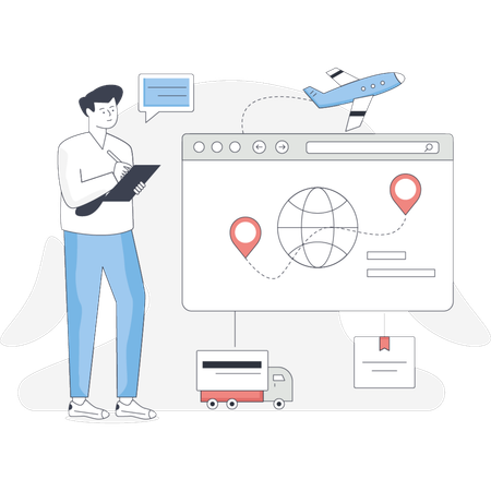 Boy  pointing worldwide logistics  Illustration
