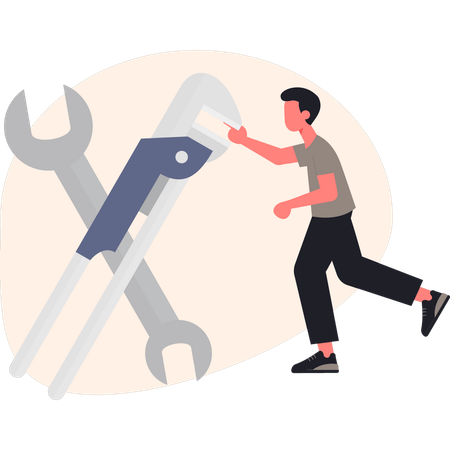 Boy  pointing wrench  Illustration