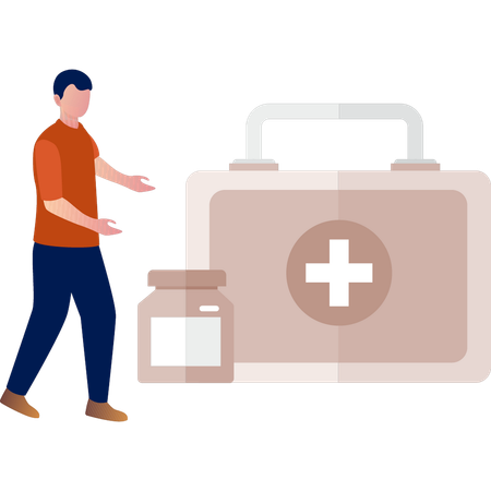 Boy points at medical kit  Illustration