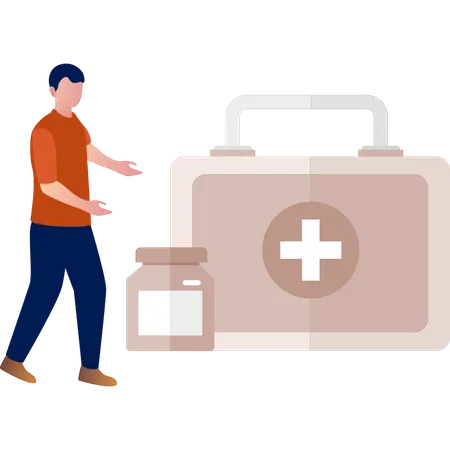 Boy points at medical kit  Illustration