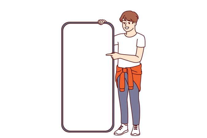 Boy points at mobile for advertisement  イラスト