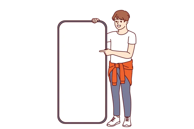 Boy Near Big Phone With Blank White Screen Offers To Advertise Website Or Application In Smartphone Smiling Child With Mobile Phone Mockup Recommends Using Educational Online Service Illustration