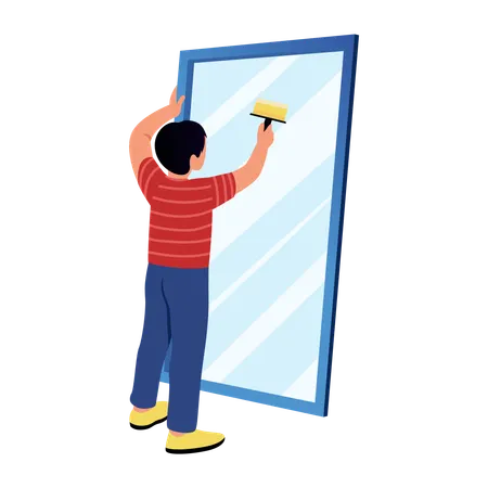 Boy polishing mirror  Illustration