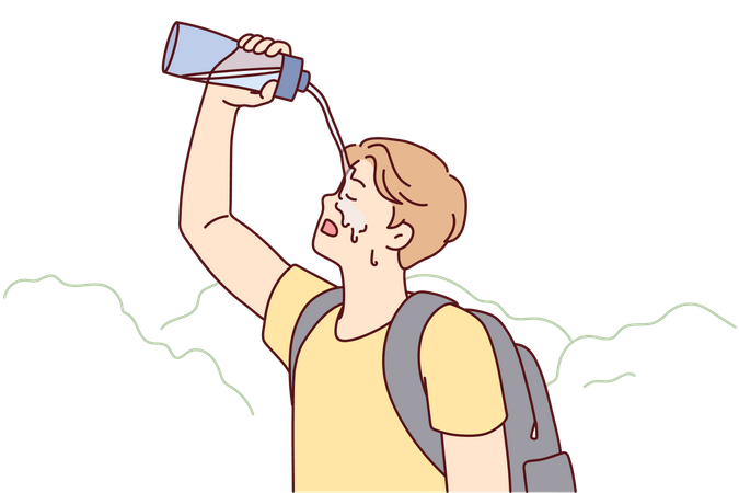 Boy pouring water on face  Illustration