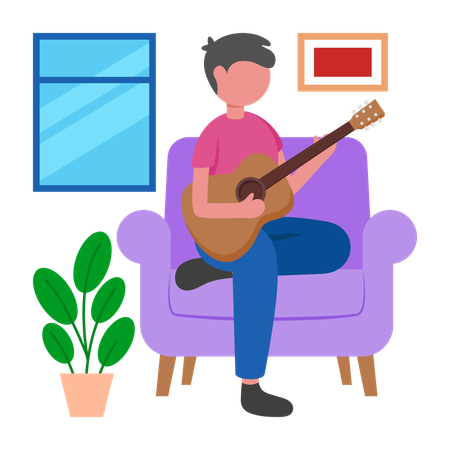 Boy practicing guitar at home  Illustration