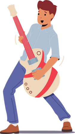 Boy Practicing Playing Electric Guitar Illustration
