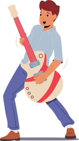 Boy Practicing Playing Electric Guitar  Illustration