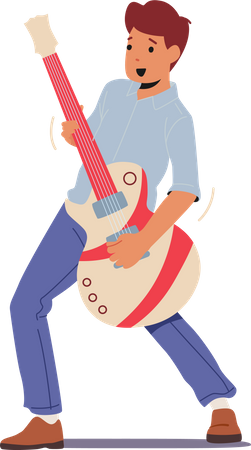 Boy Practicing Playing Electric Guitar  Illustration