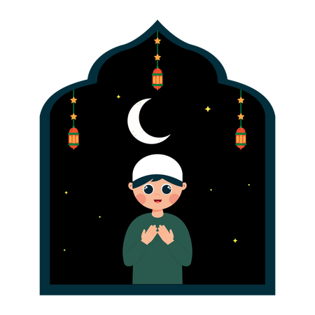 Boy praying moon from window  Illustration