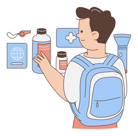 Boy preparing for adventure with backpack  Illustration