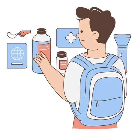 Boy preparing for adventure with backpack  Illustration
