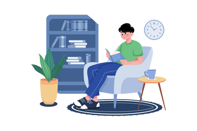 Man Reading A Book While Sitting At Home Comfortably Illustration
