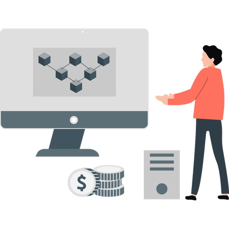 Boy presenting blockchain network box  Illustration