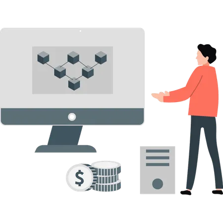 Boy presenting blockchain network box  Illustration