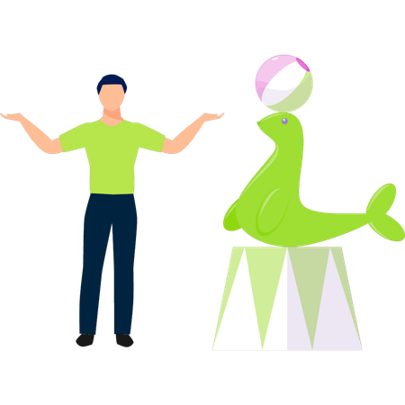 Boy presenting dolphins trick to play with ball by head  Illustration