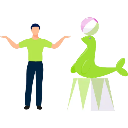 Boy presenting dolphins trick to play with ball by head  Illustration