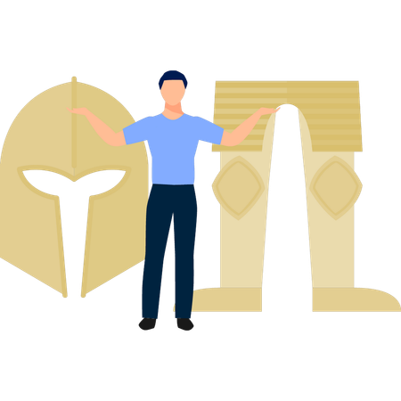 Boy presenting golden spartan helmet  Illustration