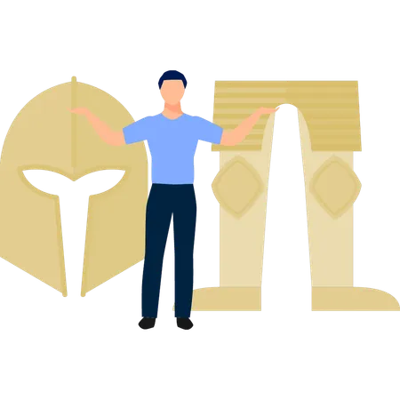 Boy presenting golden spartan helmet  Illustration