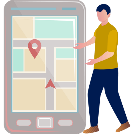 Boy presenting map on mobile screen  Illustration
