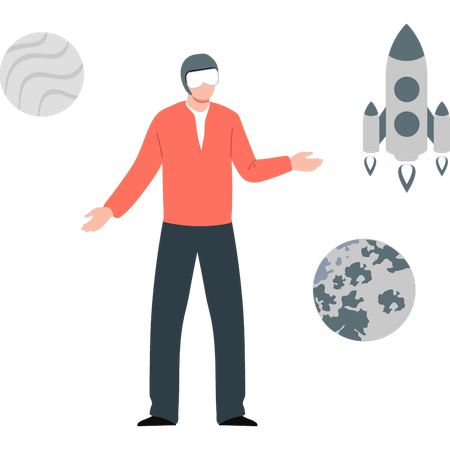 Boy presenting startup rocket  Illustration