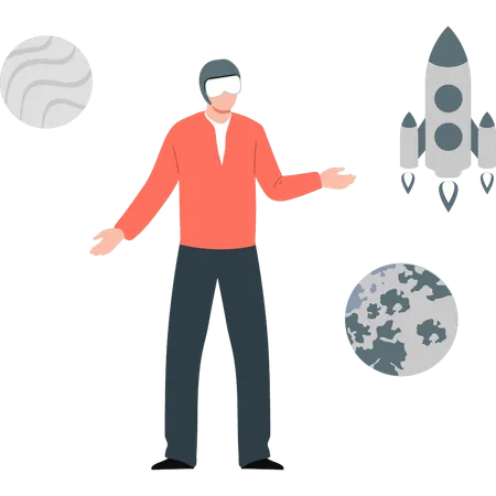 Boy presenting startup rocket  Illustration